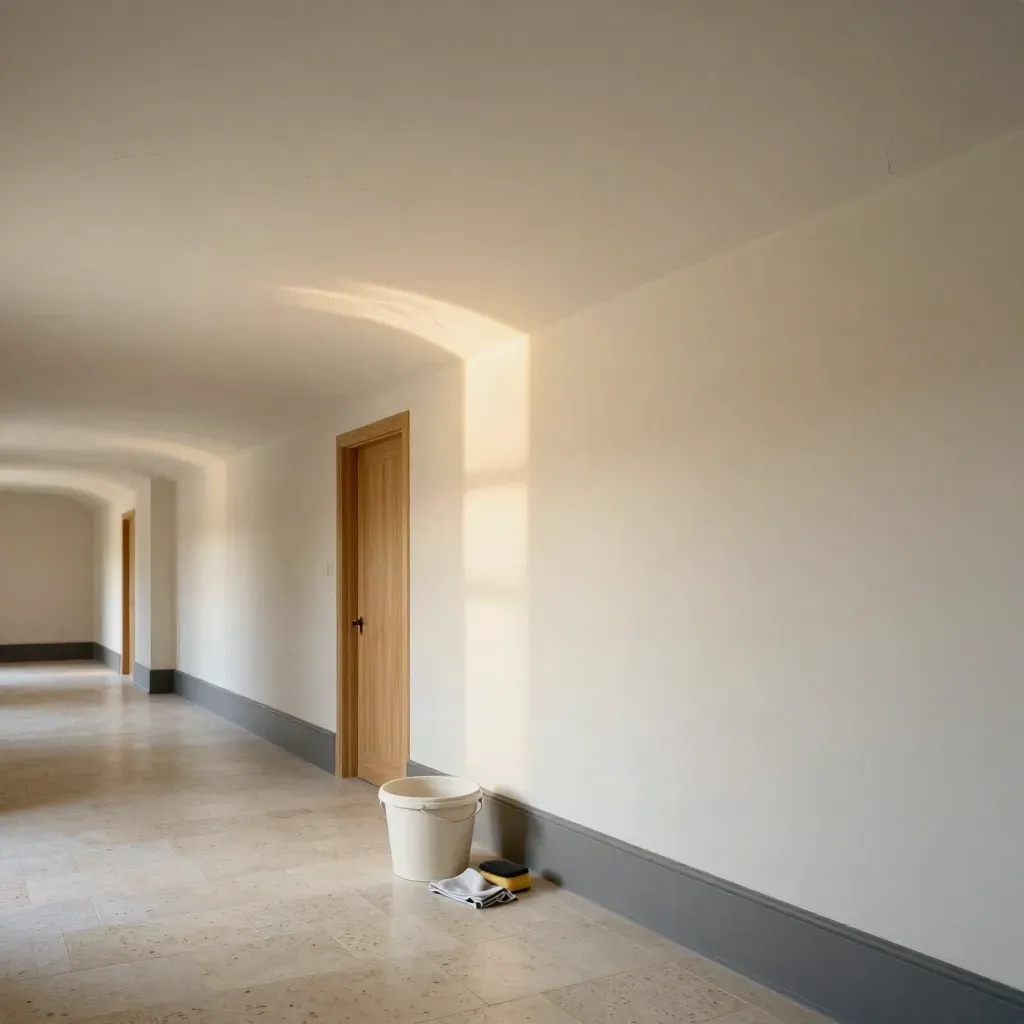 Gerenoveerd plafond in een karaktervolle hal met strakke naad en warm daglicht.