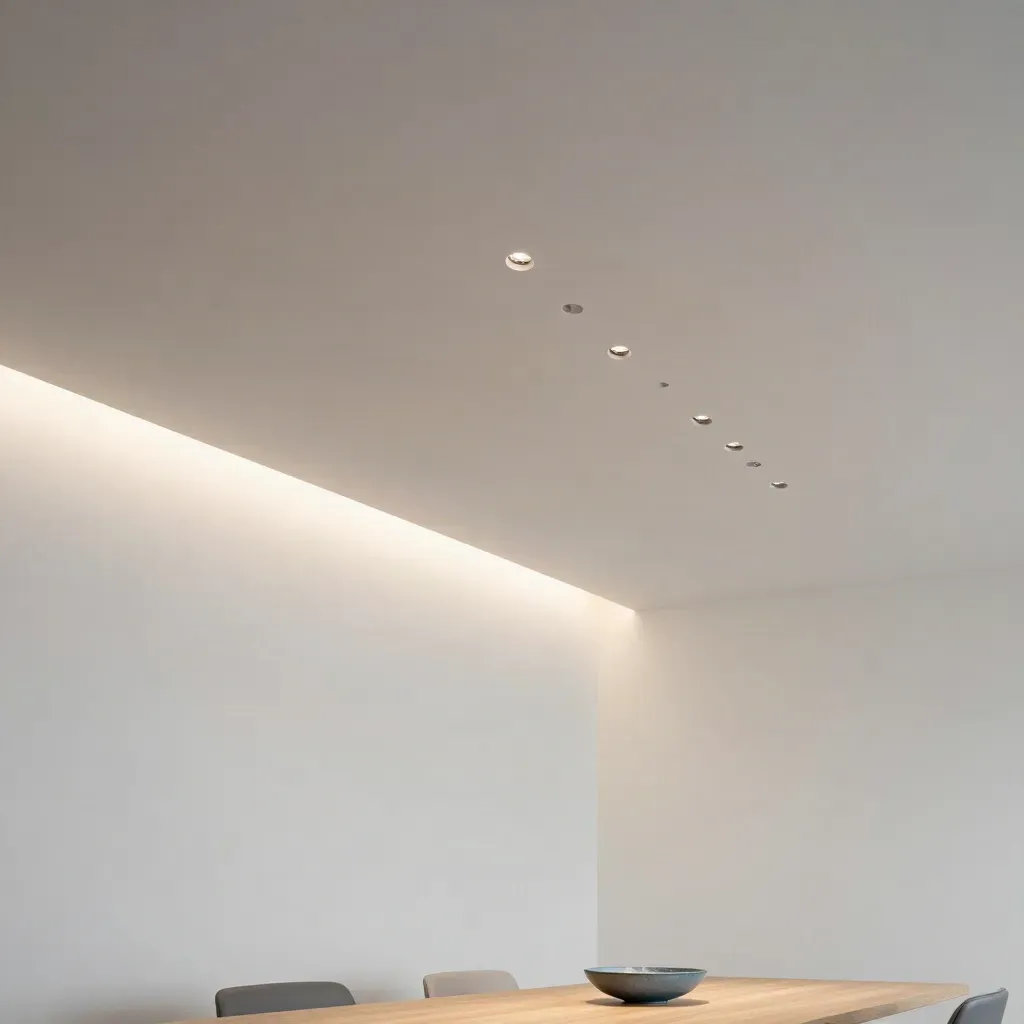 Ingebouwde spots in een wit plafond boven een minimalistische eetruimte, schuin van onderen gezien.