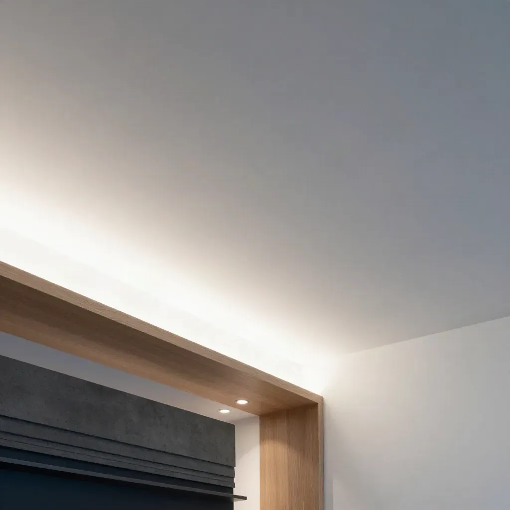 Modern afgewerkt plafond met akoestische eilanden, spots en lichtlijnen in nieuwbouwwoning.