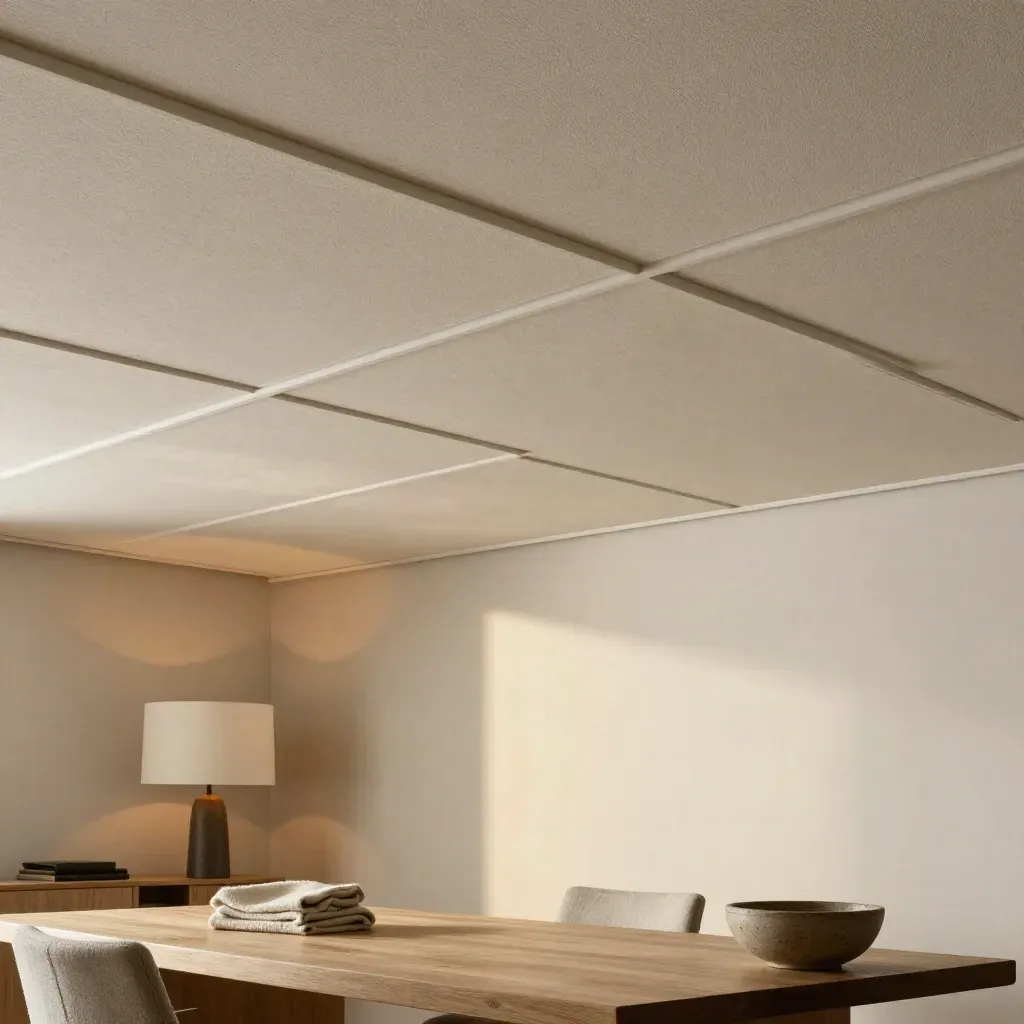 Akoestische plafondpanelen boven een rustige woonkamer met eiken tafel en linnen stoel.