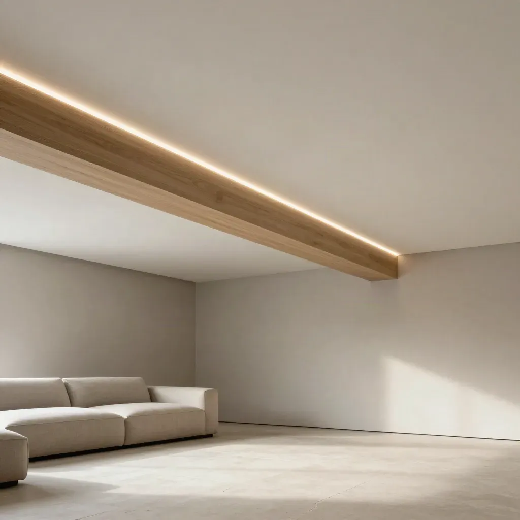 Strak plafonddetail met lichtlijn en eiken afwerking in rustige woonkamer.