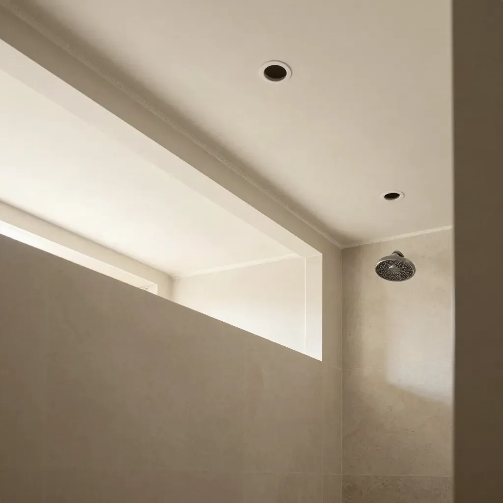 Droge badkamer met nieuw vochtvast plafond, strakke spotopeningen en wegtrekkende damp.