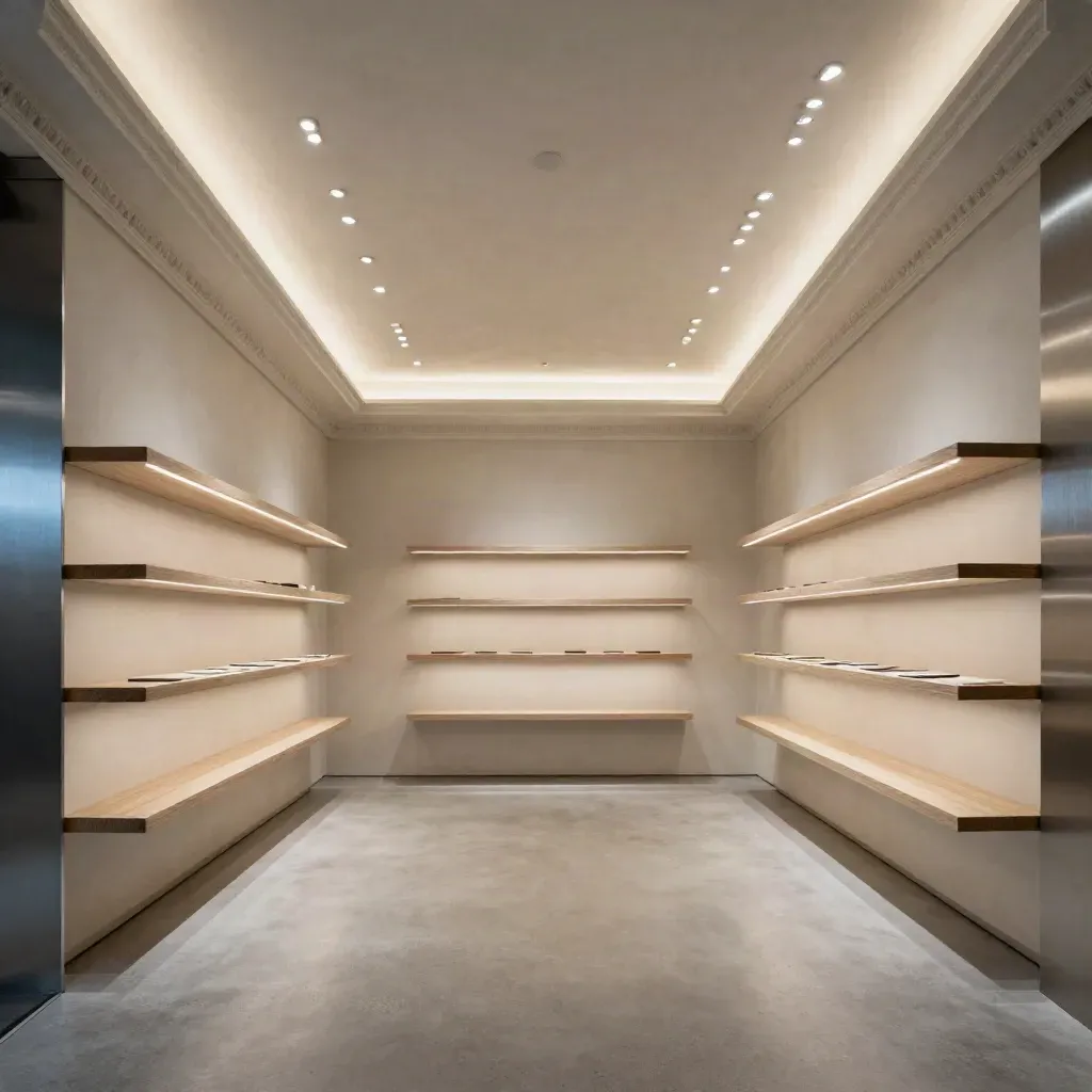 Leeg winkelinterieur met strak plafond, ingebouwd licht en sierlijsten langs de wand.