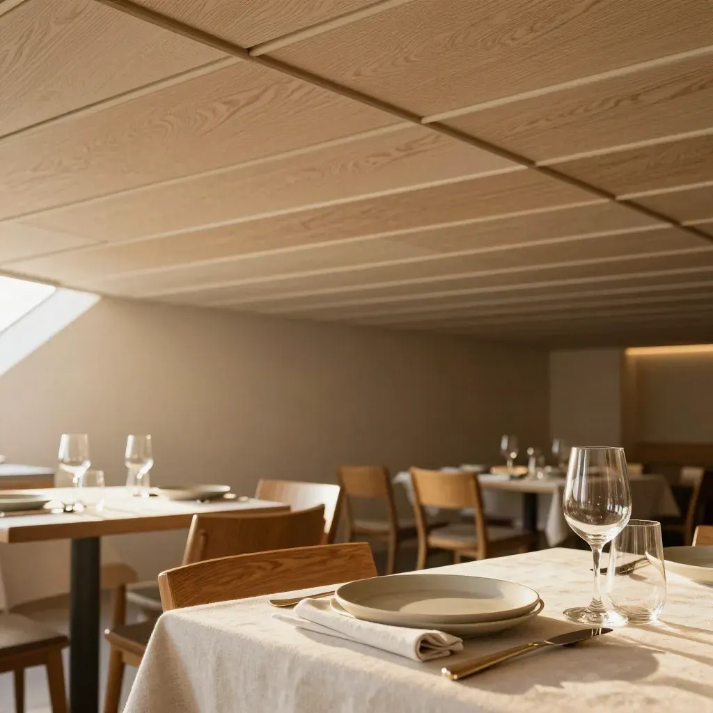 Warme restaurantzaal met akoestische plafondpanelen, gedekte tafels en lichte eiken details.