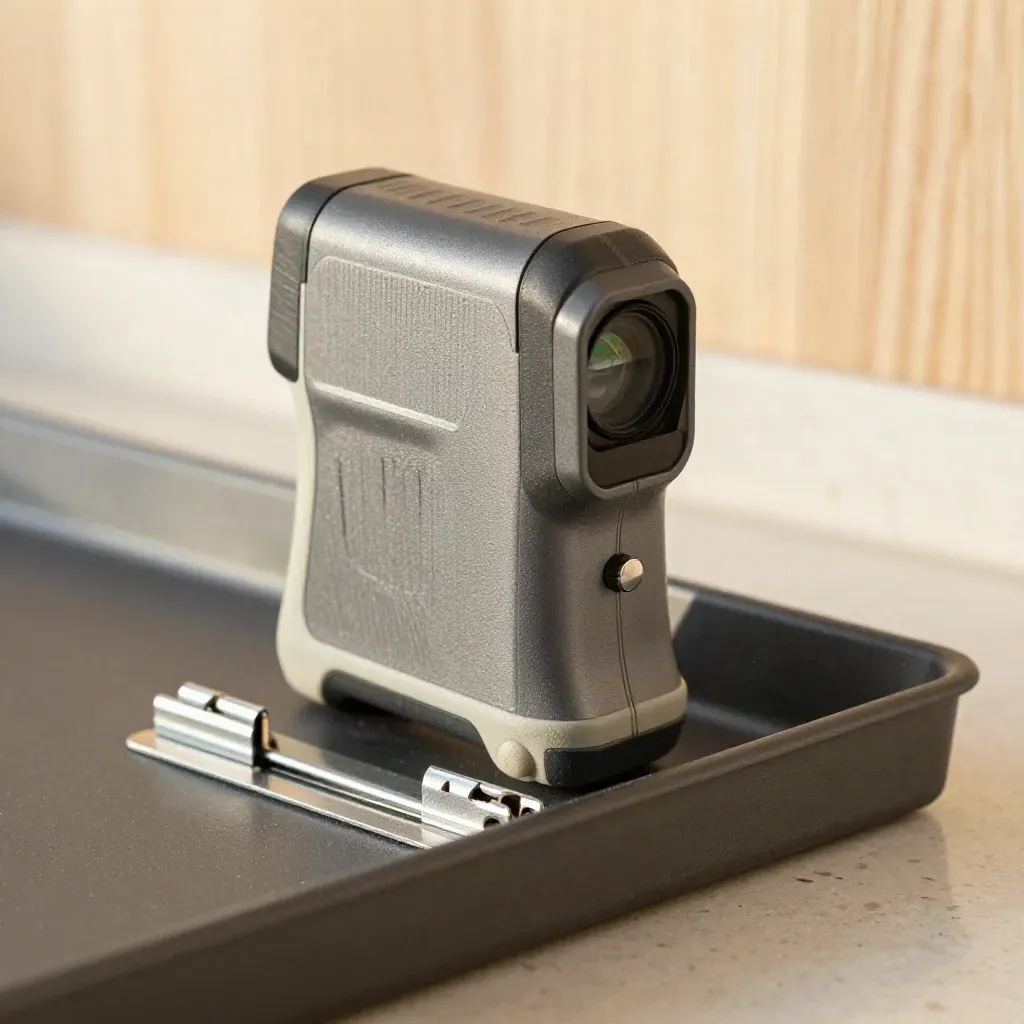 Lasafstandsmeter, plafondprofielkoppeling en hoekclips in een donkere werkbak.