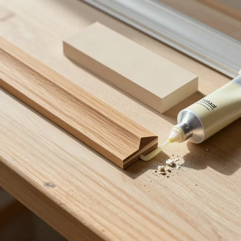 Bovenaanzicht van een verstek gezaagd trimstaal met sealantkoker en afstrijkblok op licht eiken.