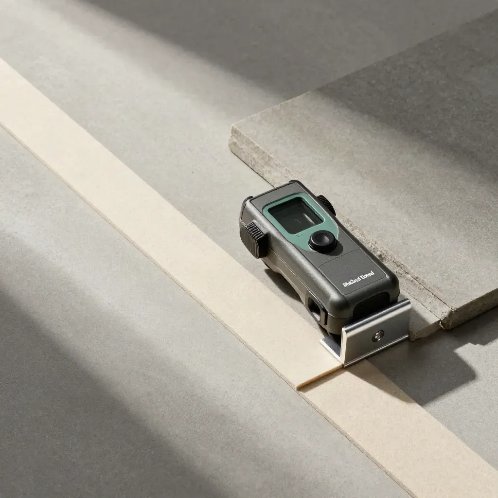 Bovenaanzicht van meetset met laserafstandsmeter, hoekprofiel, akoestisch materiaal en steenplaat.