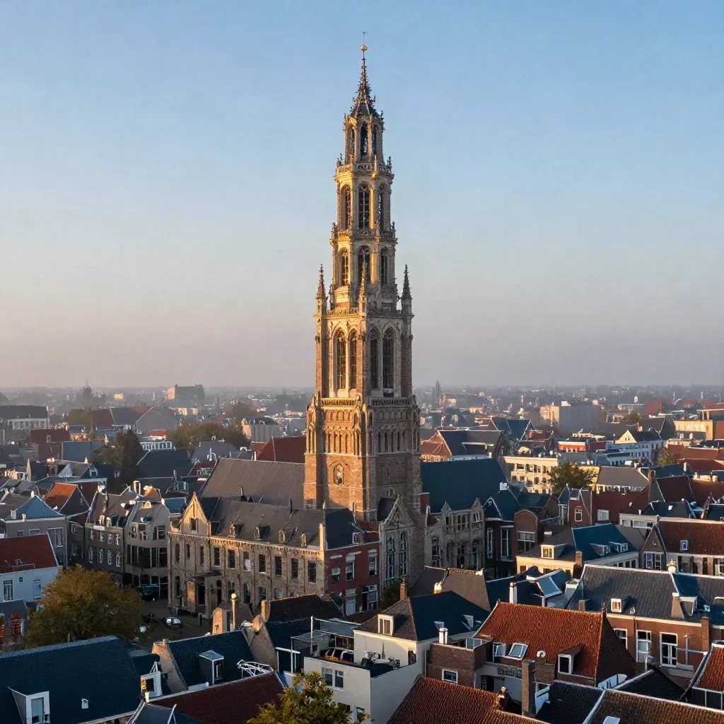 De Domtoren boven Utrecht in warme avondzon met nevel en rustige stad eronder