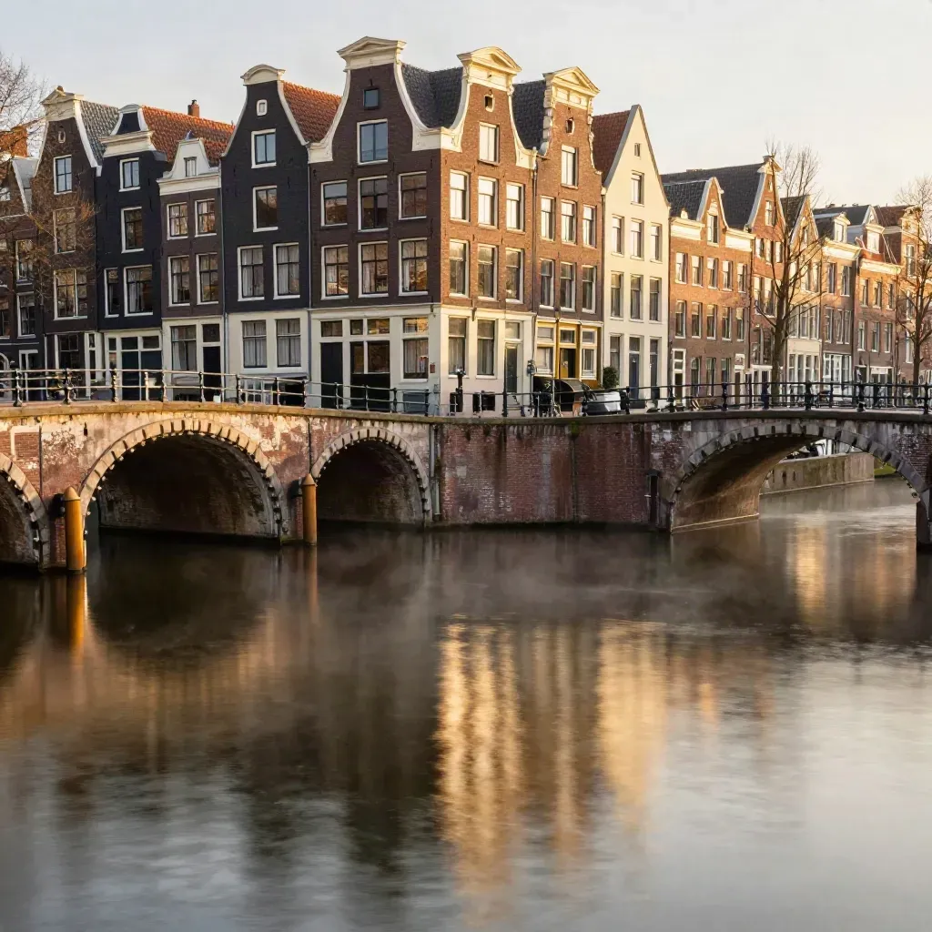 Grachtengordel van Amsterdam in avondzon met brug en rustige reflecties.