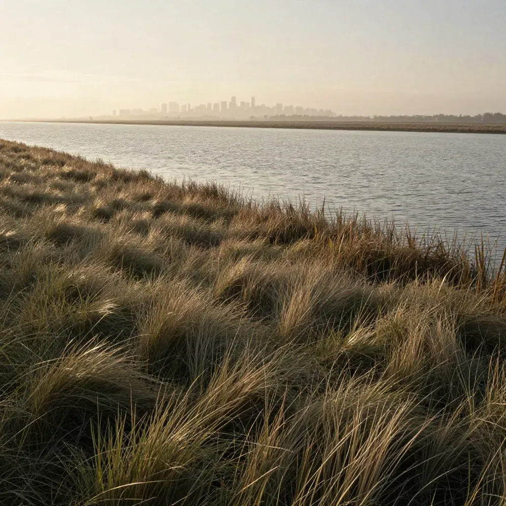 Zuid-Hollandse polder met dijkgras, getijdenwater en verre skyline in maritieme nevel.