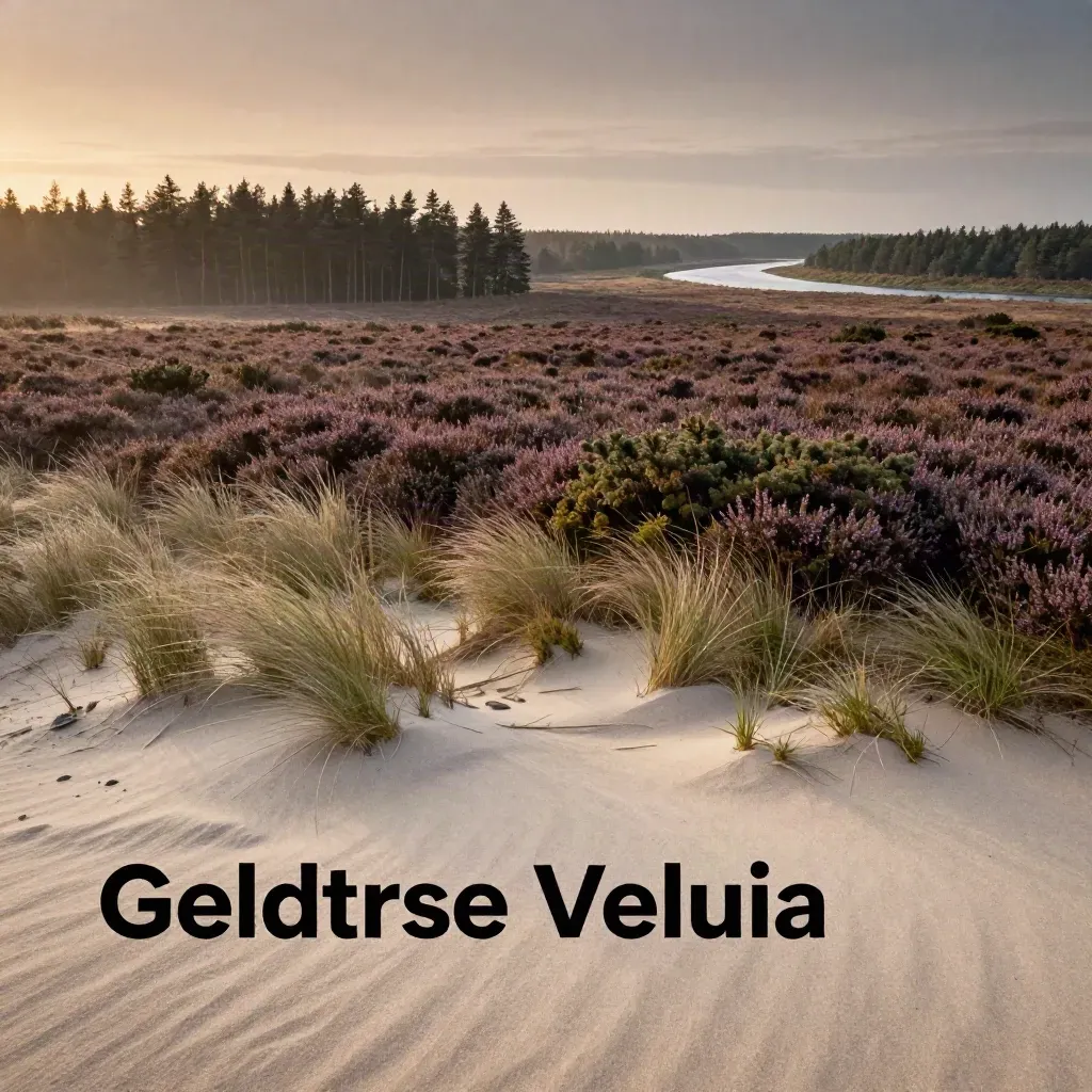 Veluwe-heide met stuifzand, rivierbocht en zachte avondhaze boven een rustige horizon